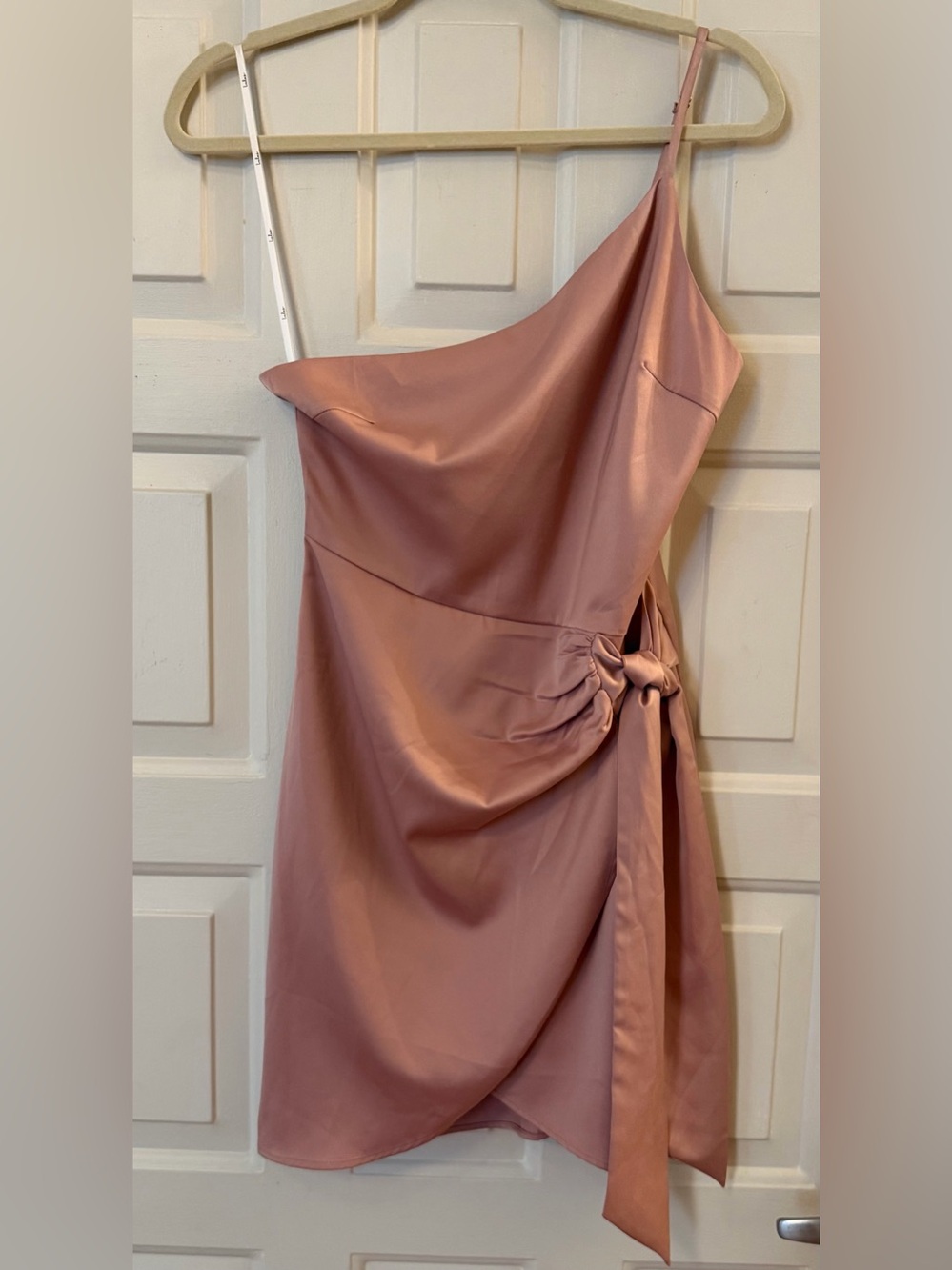 Lulu's One-Shoulder Satin Mini Dress with Side Tie Dusty Pink